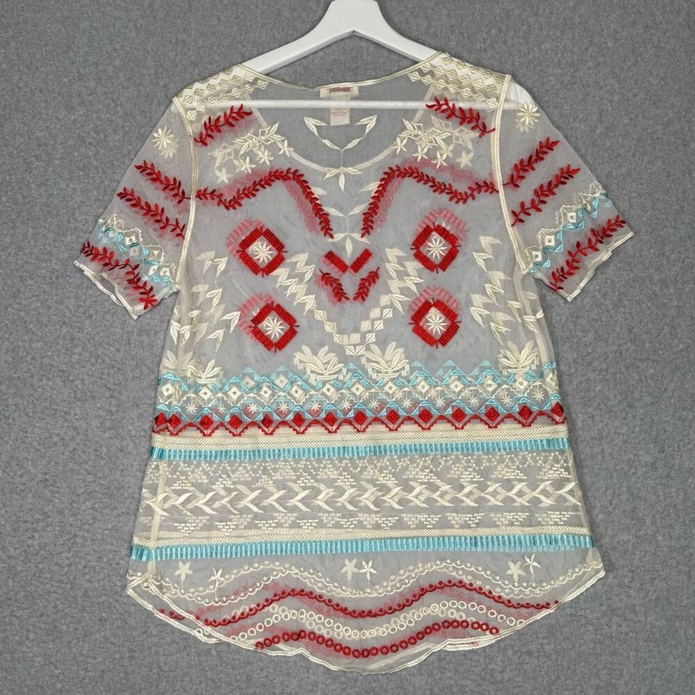 Sundance Women's Medium Sheer Red Blue Aztec Print Short Sleeve Blouse Top - Picture 4 of 6